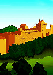 向量 风景城墙草原尖塔古城堡插图免费天空树木照片蓝色背景图片