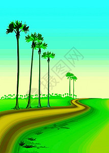 向量 风景山脉插图河流树木蓝色天空道路免费绿色草原背景图片