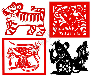 中国纸切中国黄二甲工艺动物民间十二生肖免费插图剪纸老鼠照片动画片背景图片