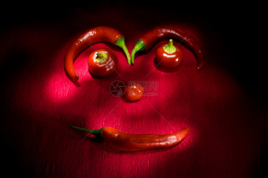 奇利脸香肠宏观烹饪美食面孔红色绿色烧伤胡椒辣椒图片