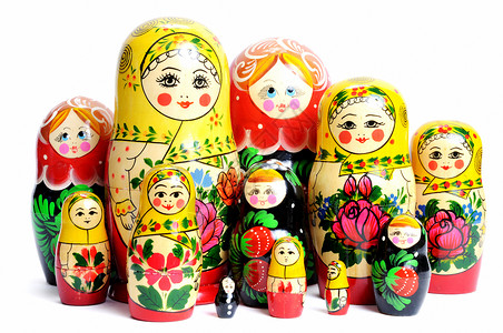 白色的俄罗斯洋娃娃文化头巾孩子塑像木头纪念品家庭娃娃套娃母亲背景图片