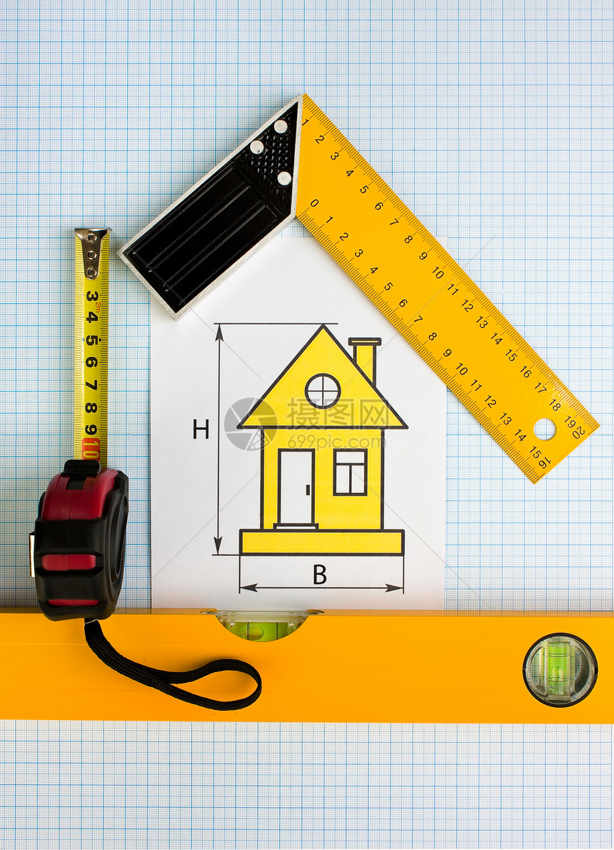 使用建筑工具在家用绘图房子办公室工具建筑学仪表草图建造工作建筑磁带图片