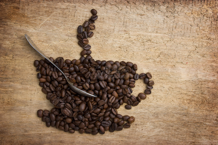 照片由豆子制成的咖啡杯样本饮料咖啡木板指示牌图片