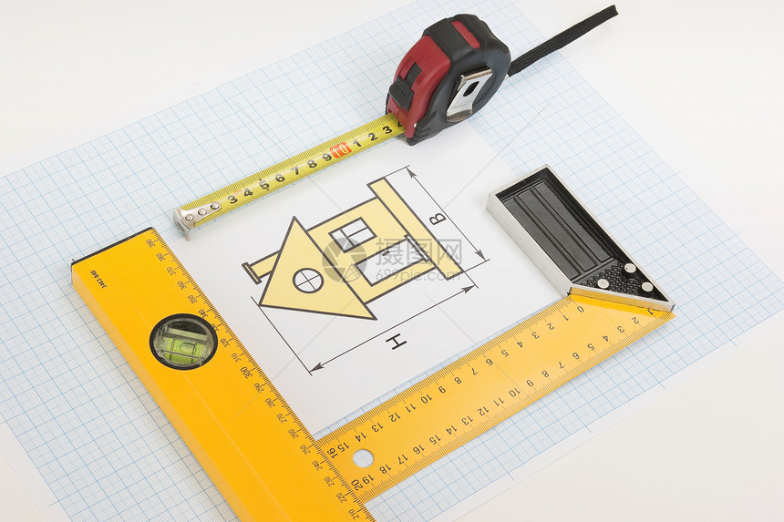 使用建筑工具在家用绘图办公室仪表工作建造草图房子建筑学工具磁带建筑图片