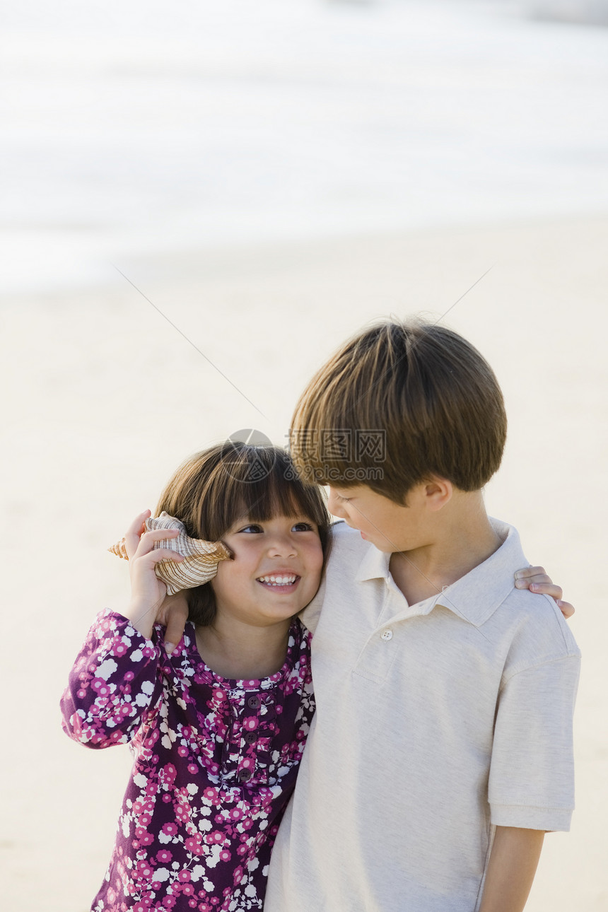 两个带着壳牌儿童少年女孩拥抱孩子们混血青年姐姐兄弟姐妹海岸海滩图片