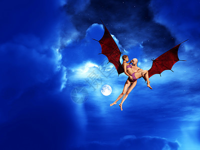 恶魔与妇女气氛多云翅膀女士航班天空天气蓝色白色生物背景图片