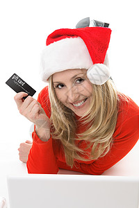 圣誕女孩用卡片购物背景图片