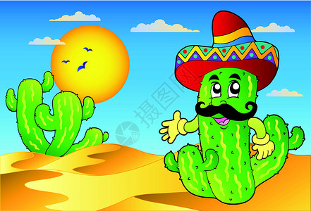 墨西哥仙人掌的沙漠场景背景图片