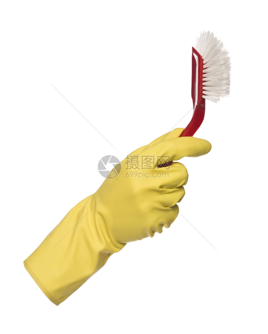 白色上孤立的黄色保护手套职业乳胶餐具盘子棕榈橡皮海绵擦洗家务卫生图片