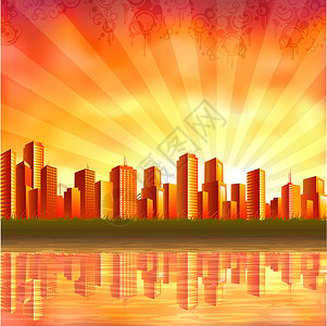 摩天大楼平静海日落城市天际海岸线太阳光线支撑建筑物反射风景地平线海洋天空插画
