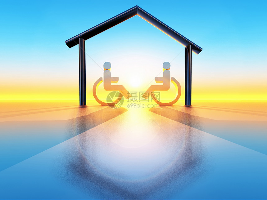 在家和有残疾的人士房子插图夫妻蓝色残障车轮图片