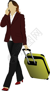 拥有手提箱的女商务人士 矢量插图美丽太阳镜旅行护照飞机场商业女性女士背景图片