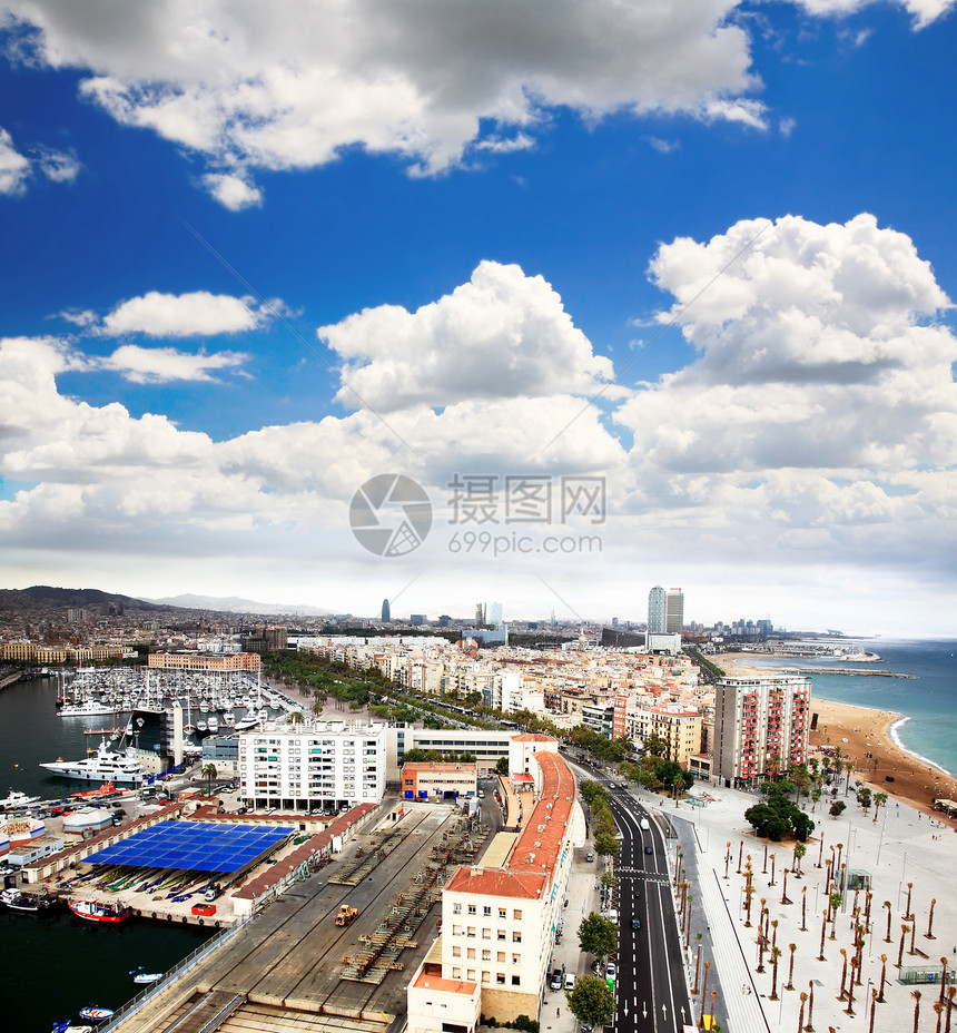 巴塞罗那市和港湾的空中观察旅行天线椭圆形城市商业景观观光游客办公室吸引力图片
