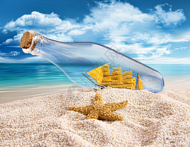 瓶子里船装在船瓶子里 躺在沙沙中抛弃海洋蓝色秘密热带海盗土地天空支撑纪念品背景