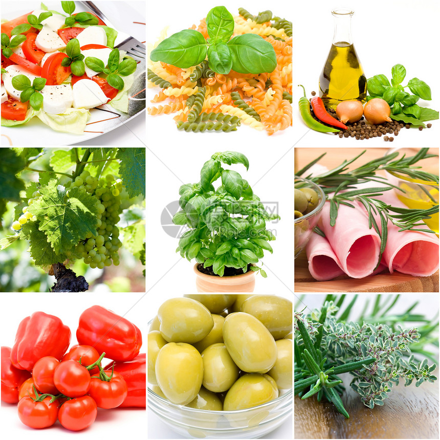 从九张照片中制作的意大利食品拼贴图草本植物食物胡椒辣椒烹饪拼贴画收藏营养蔬菜食谱图片