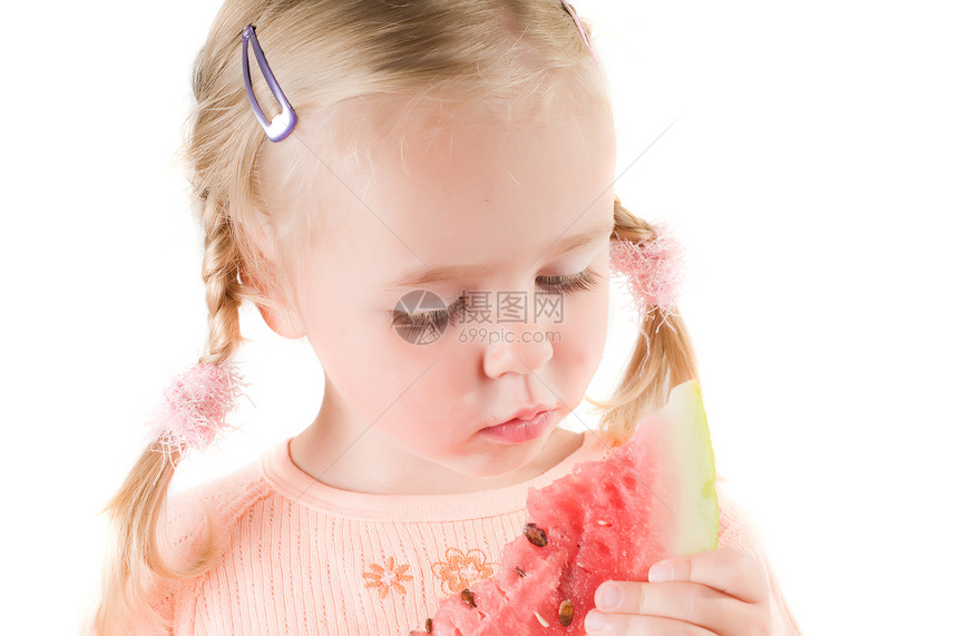 女孩吃西瓜甜点女性食物水果种子美丽乐趣孩子圆圈图片