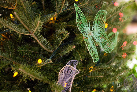 圣诞节装饰松树装饰品木头绿色蝴蝶背景图片