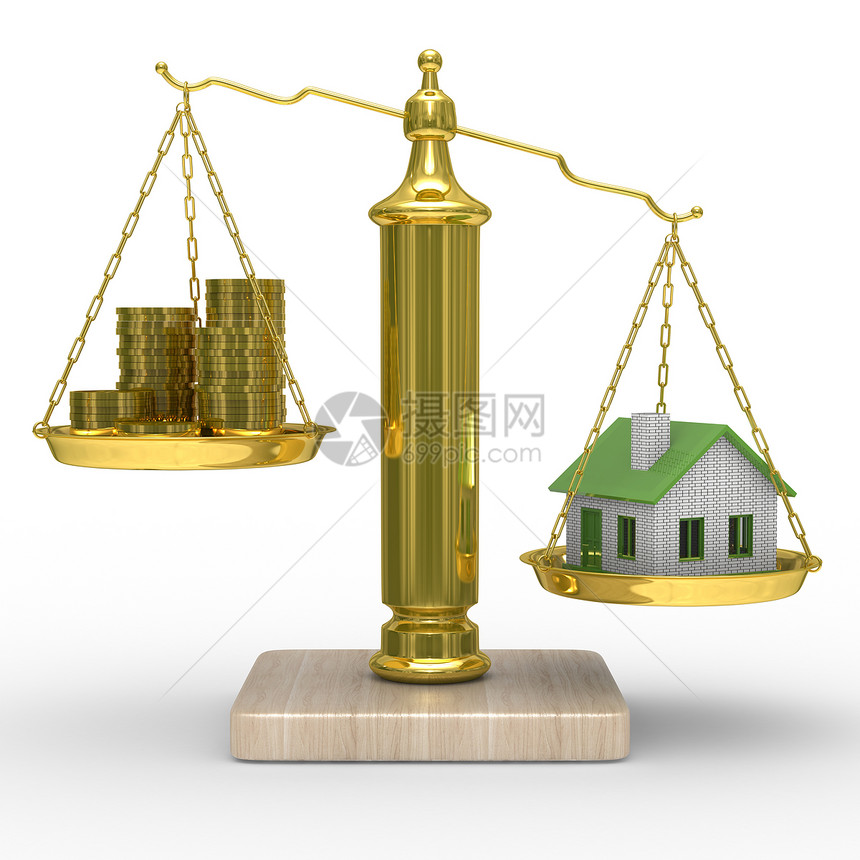 缩放的房屋和现金 孤立的三维图像硬币建筑插图储蓄货币贷款平衡测量商业住宅图片