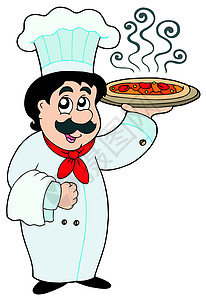 培根火腿披萨持披萨的卡通厨师设计图片