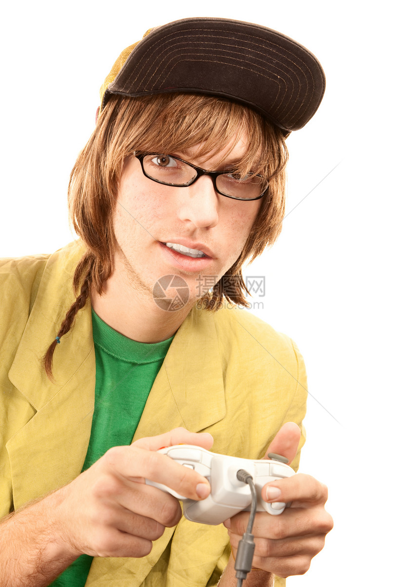 配有游戏控制器的青少年男孩帽子边缘编织夹克青年潮人电缆黄绿色视频眼镜图片