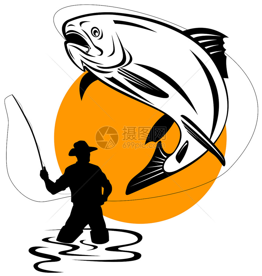 钓鱼员接吻的鲑鱼跳跃斑点野生动物插图图片