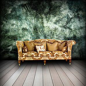 带有经典沙发的内地土房扶手椅家具椅子奢华木头房间风格金子皮革插图背景图片