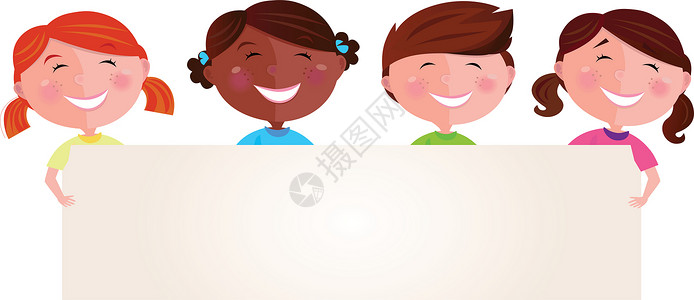 接露珠的女孩持有空白标语的可爱多文化孩子来接你的消息设计图片