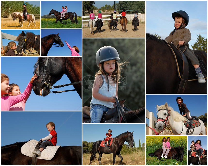 儿童在骑子女时运动骑马接吻白色友谊天空动物黑色头盔幸福图片