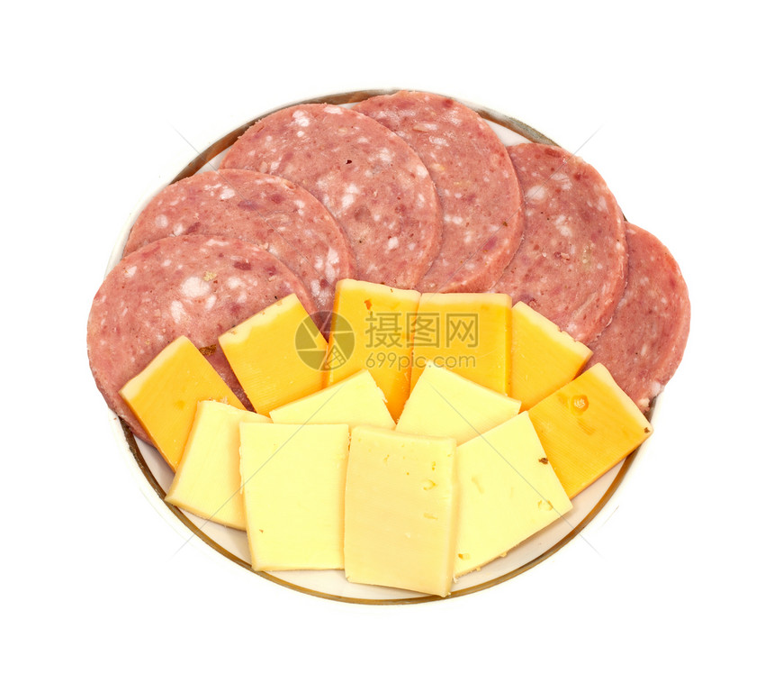 带奶酪的香肠盘子猪肉火腿食物饮食木头白色图片