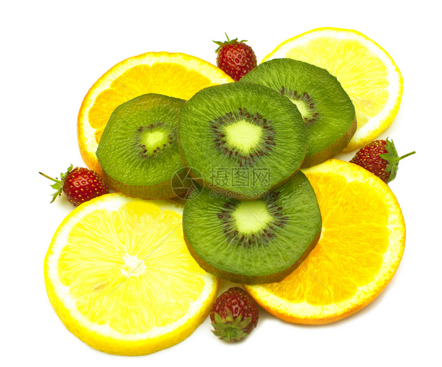 热带水果和草莓食品白色产品奇异果柠檬食物绿色皮肤橙子图片