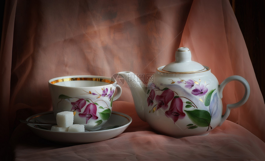 茶茶晚会陶器照片飞碟静物茶匙绘画库存相片酿造花朵图片