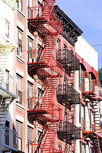 美国纽约市 中国城市位置外观建筑学房子逃生楼梯世界旅行建筑火灾背景图片