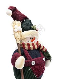 带扫帚的雪人动物帽子羊毛笑脸围巾玩具背景图片