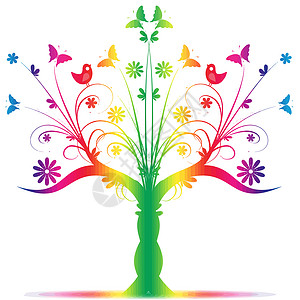 艺术树季节插图黄色蝴蝶植物叶子树干蓝色粉色风格背景图片