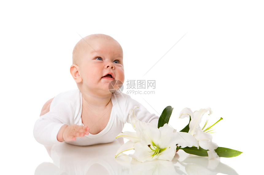 婴儿宝宝童年白色说谎幸福孩子喜悦女儿好奇心快乐微笑图片