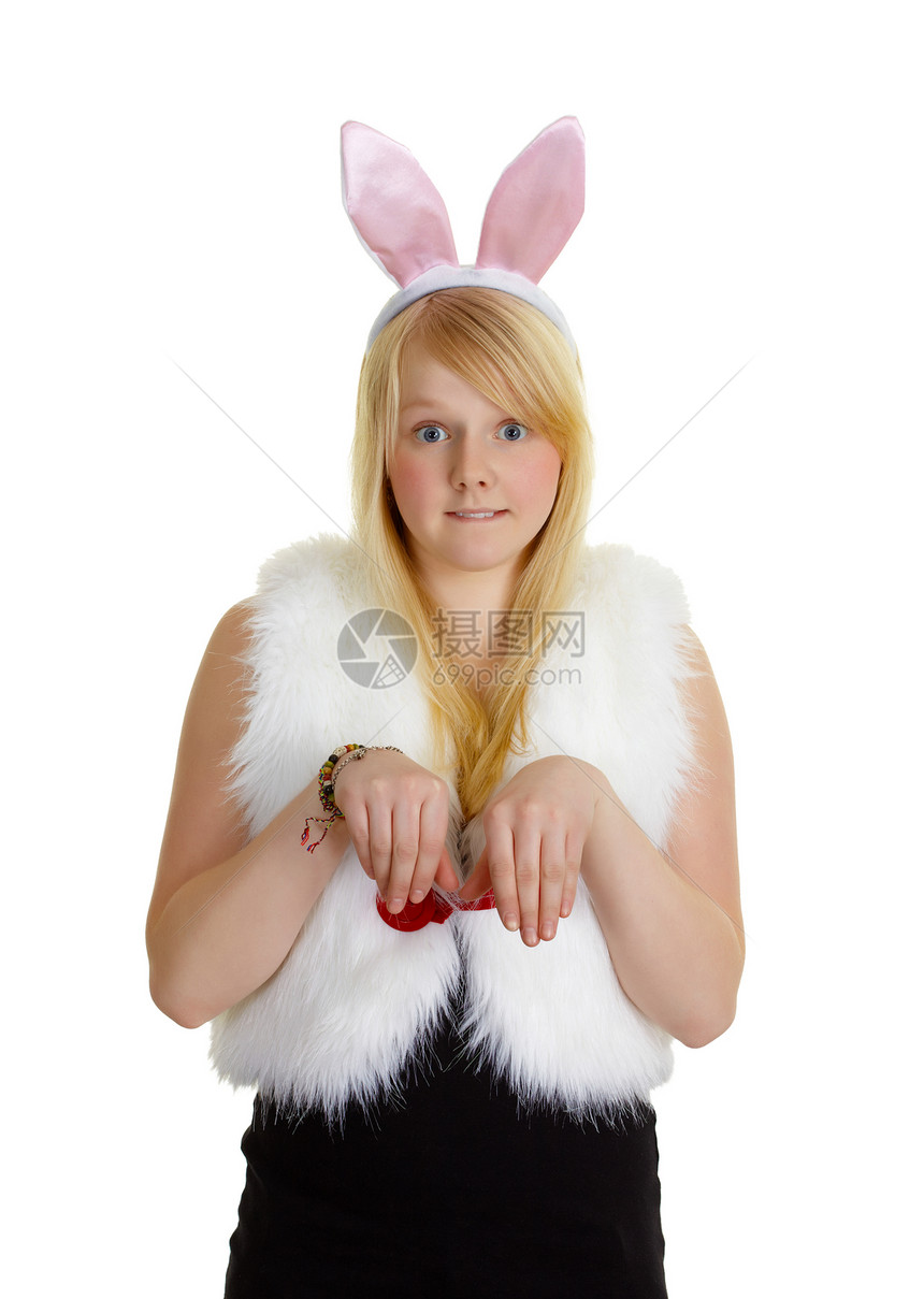 带着粉红色兔子耳朵的有趣女孩图片