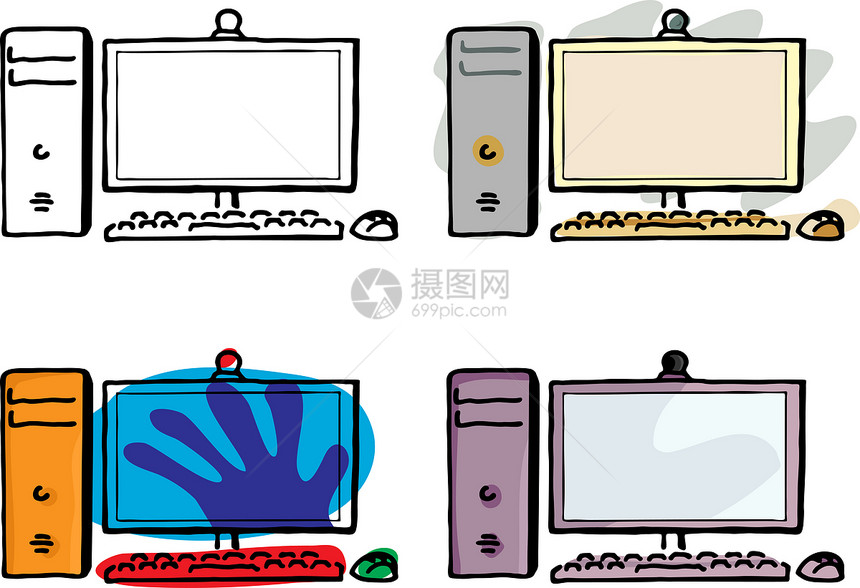 台式计算机监视器白色电脑盒子键盘纯平插图老鼠工作站技术图片