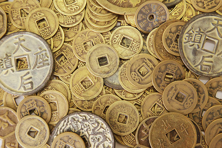 中国硬币黄铜商业货币金子财富经济古董文化风水金属亚洲高清图片素材