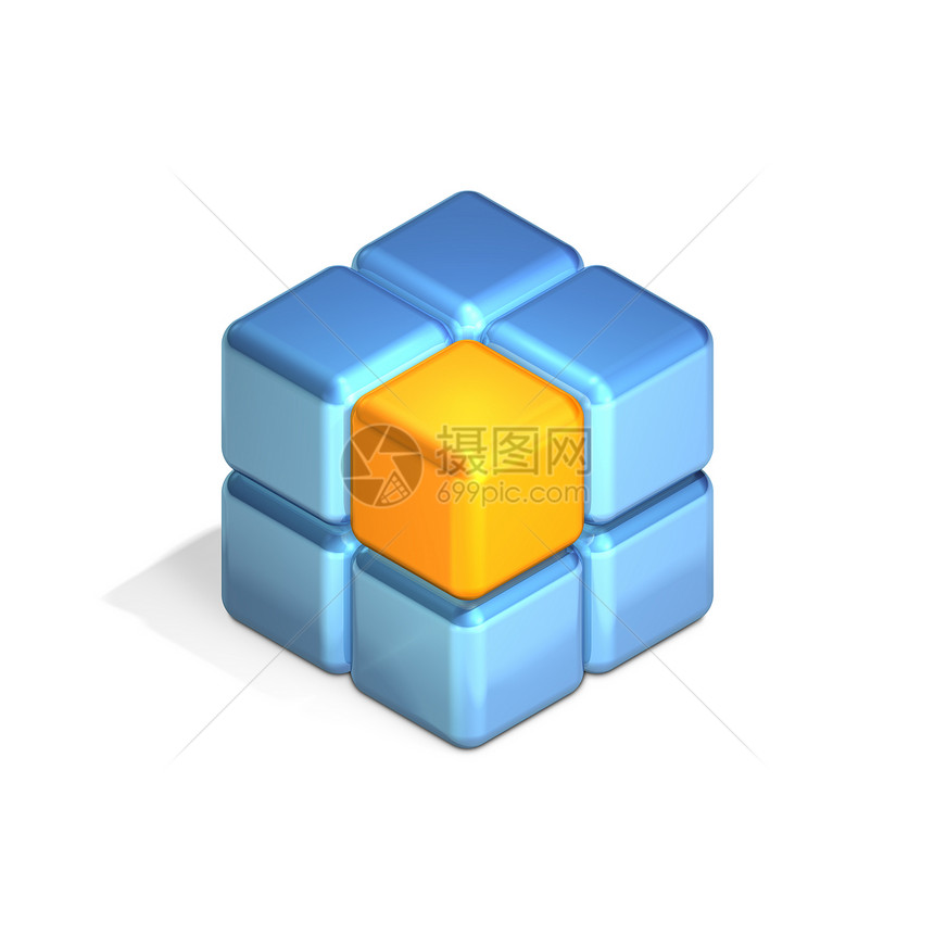 8个立方体 4个在4个中堆叠数据合作建造建筑渲染概念团体橙子体积蓝色图片