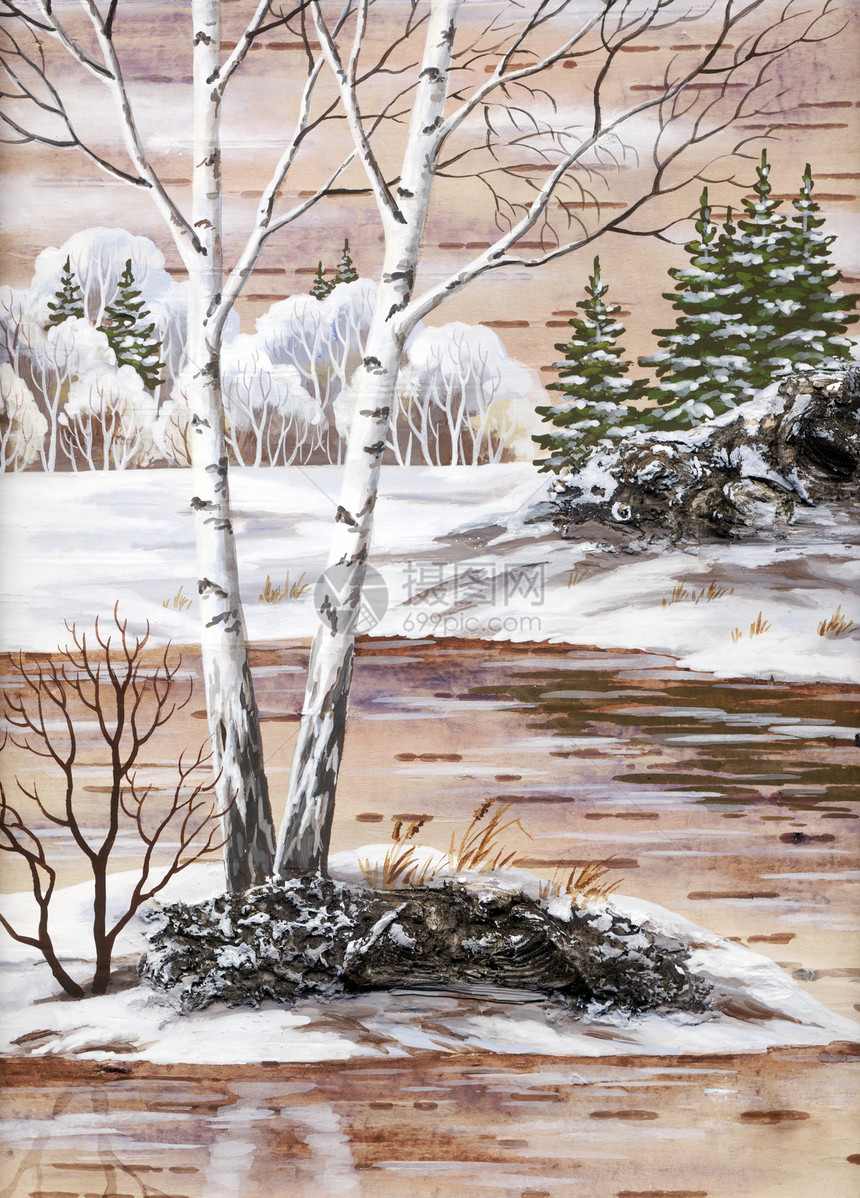 冬季西伯利亚地貌荒野雪堆生态空地寒冷木头森林手工业公园绘画图片