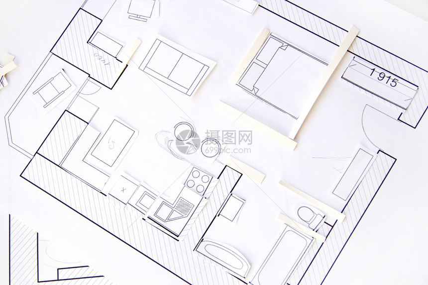 内部设计公寓  最高视图 纸张模型技术维修蓝图建筑师房子建设者草图草稿财产绘画图片