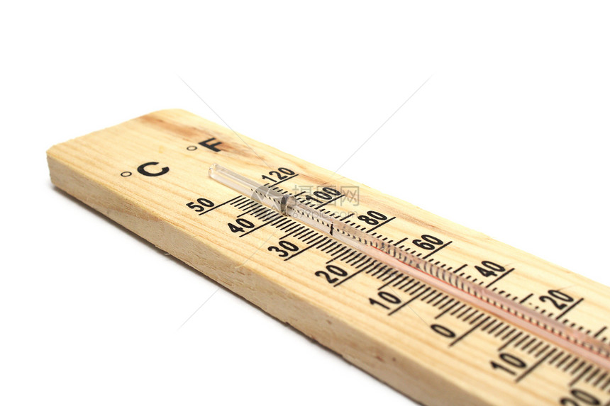 白色背景的木制温度计天气温度工具测量仪表乐器宏观玻璃红色数字图片