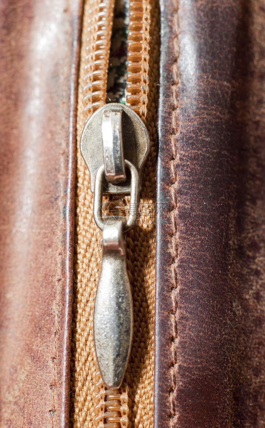 棕皮皮拉链离别缝纫衣服联盟金属概念紧固件压缩裁缝拉链图片