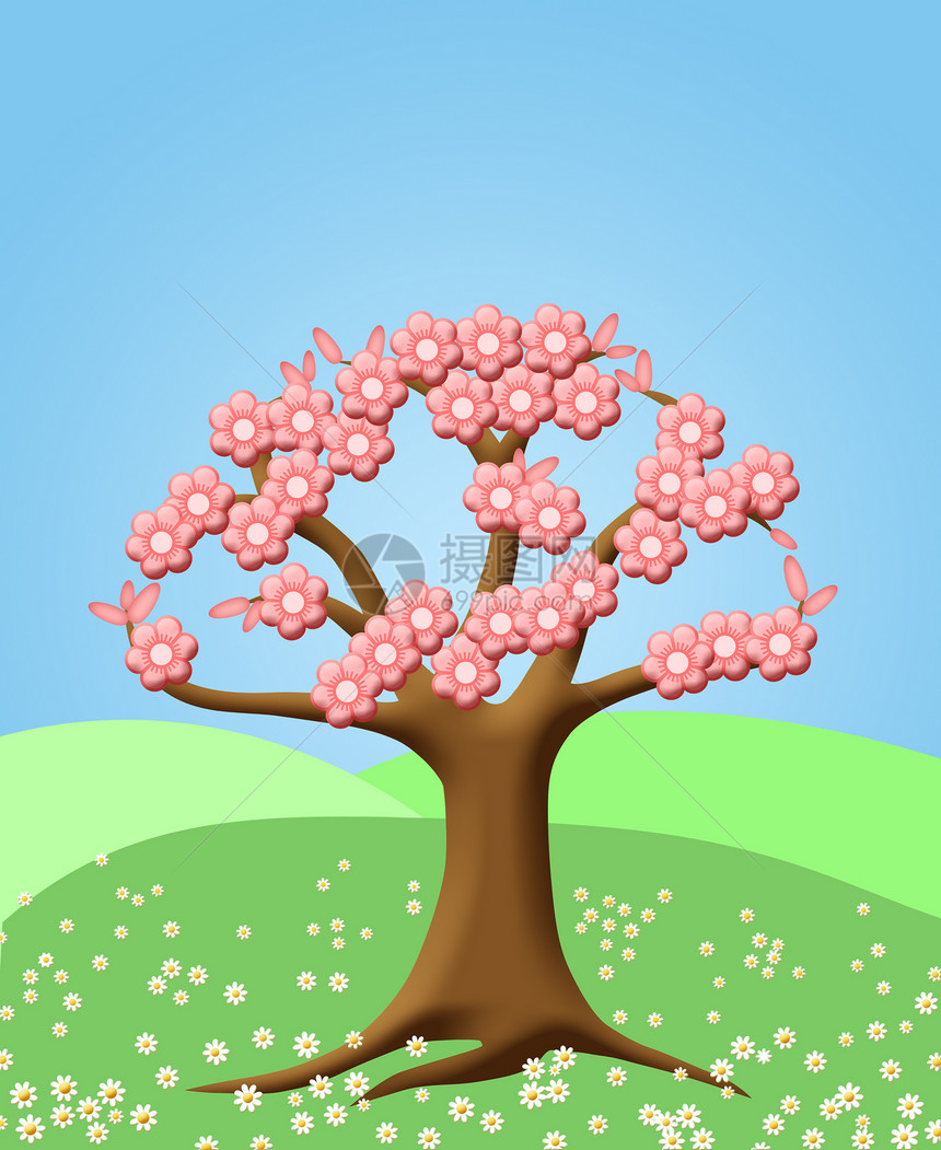 带有春樱花花花的抽象树图片