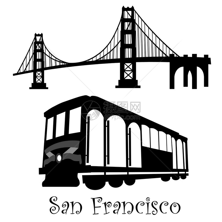 旧金山金门大桥和有线汽车Trolley图片