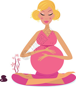 拿着花孕妇做瑜伽的孕妇     孤立在白种背景上设计图片