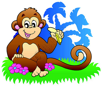 吃香蕉猴子猴子在棕榈附近吃香蕉插画