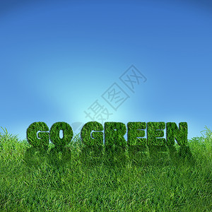 绿色的标志在青草上力量阳光发电机农场旋转气候农村天空生态风车背景图片