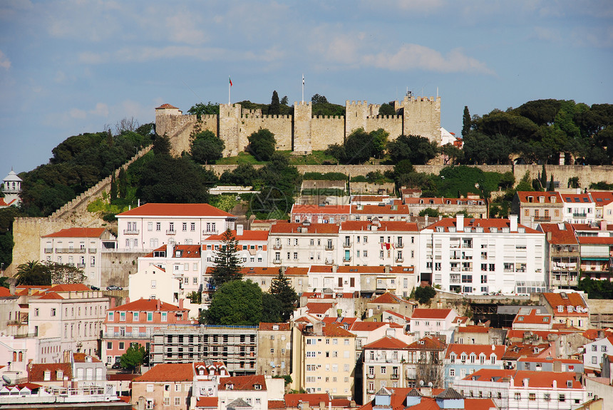 里斯本市风景与圣豪尔赫城堡纪念碑场景历史城堡房子旅行建筑学城市住宅市中心图片