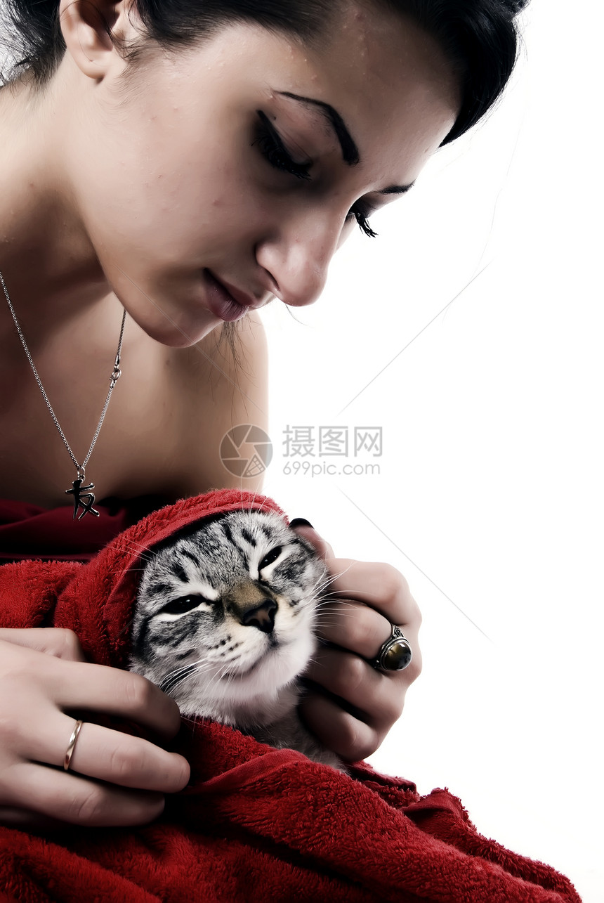 有猫的漂亮女人乐趣情感冒充工作室女孩拥抱女士宠物姿势投标图片